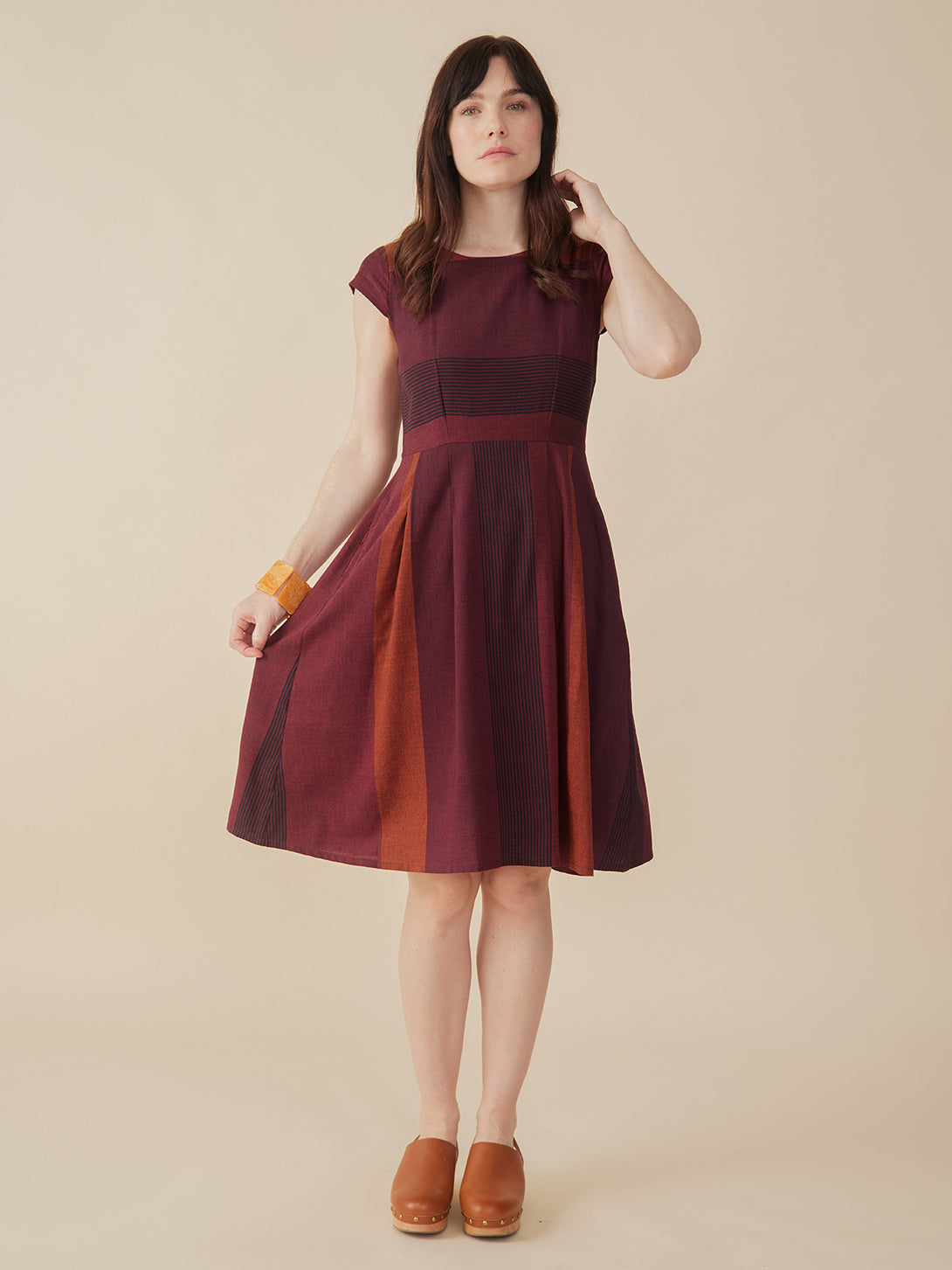 Women's Devonshire A-line Burgundy Dress | Fair Trade | Mata Traders Burgundy Stripe / M Women's Devonshire A-line Burgundy Dress | Fair Trade | Mata Traders Burgundy Stripe / M