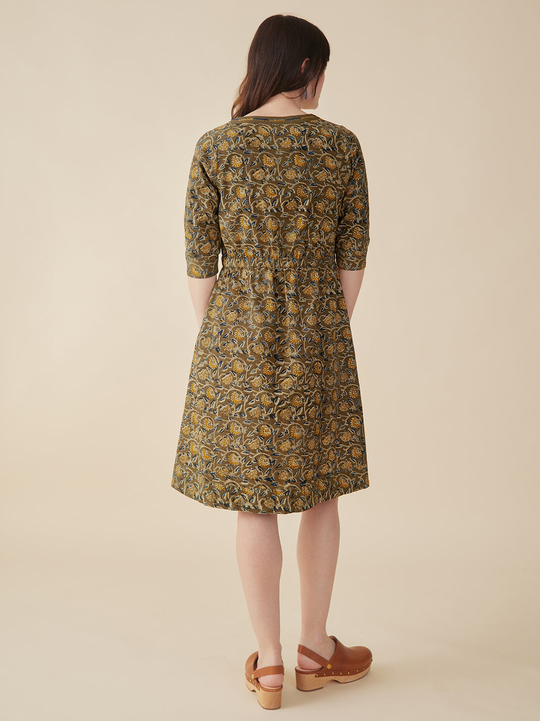 Jaya Half Sleeve Dress Back View - Olive Kalamkari Print - Mata Traders