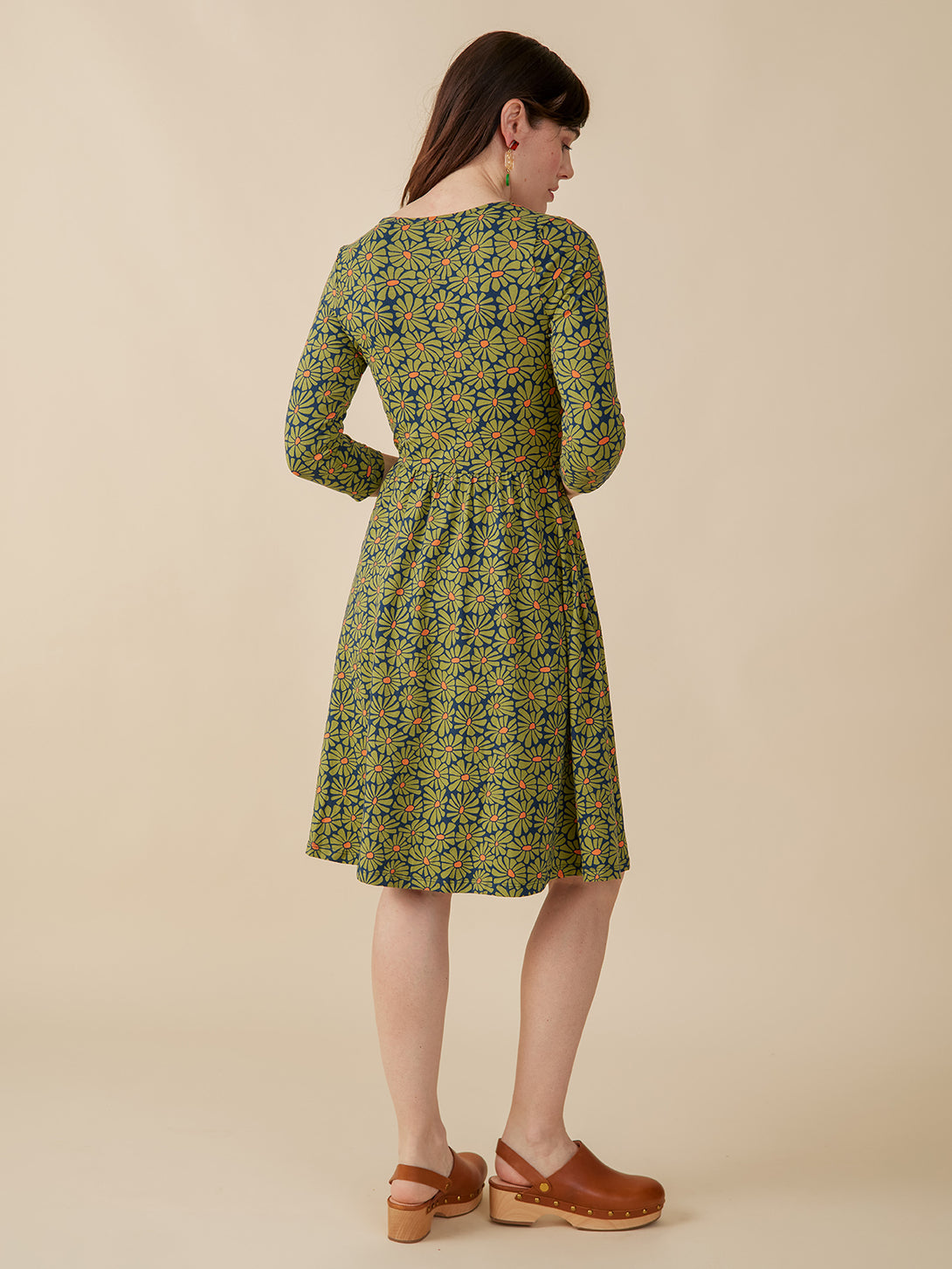 Callie Long Sleeve Jersey Wrap Dress Olive Floral - Fair Trade Dresses | Mata Traders Callie Long Sleeve Jersey Wrap Dress Olive Floral - Fair Trade Dresses | Mata Traders