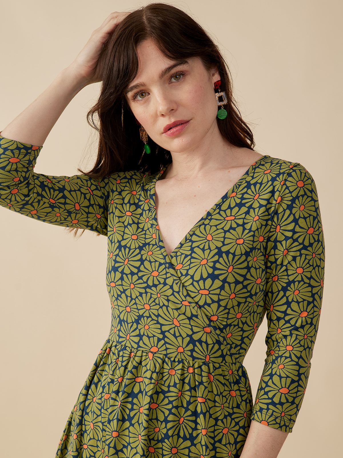 Callie Long Sleeve Jersey Wrap Dress Olive Floral - Fair Trade