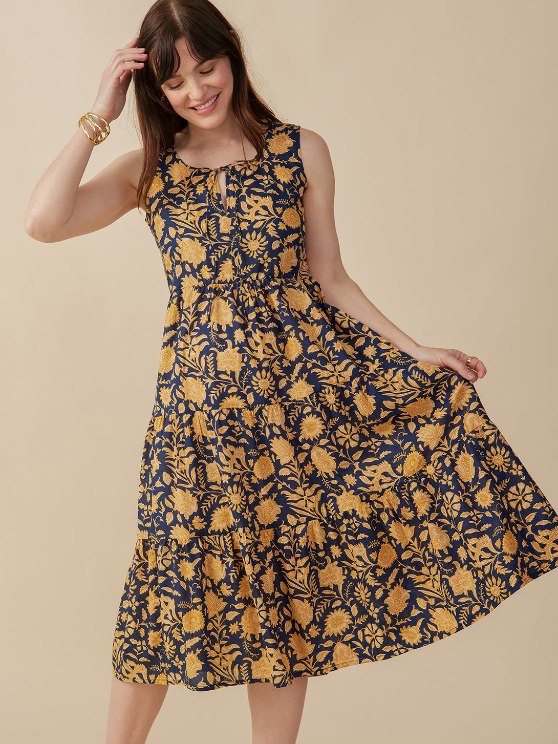 Thais Tiered Sleeveless Navy Dress with Yellow Flowers Thais Tiered Sleeveless Navy Dress with Yellow Flowers