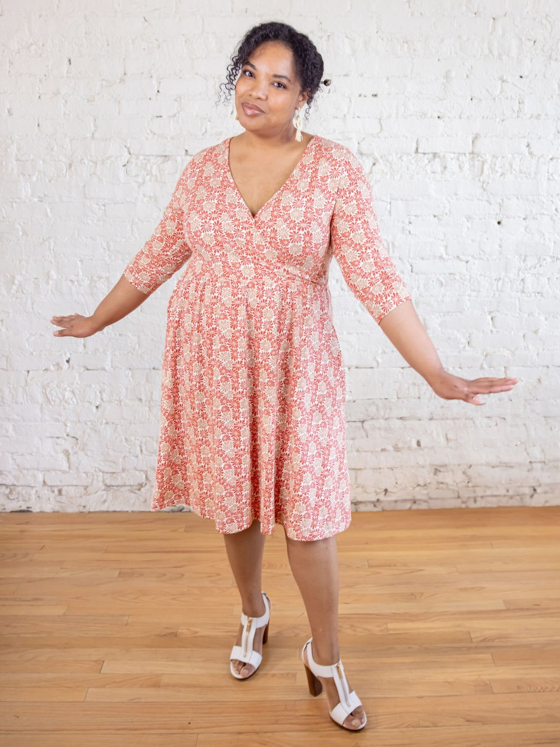 Callie 3/4 Sleeve Pink Plus Size Wrap Dress Floral - Fair Trade Dresses | Mata Traders Matisse Vermillion / 2X Callie 3/4 Sleeve Pink Plus Size Wrap Dress Floral - Fair Trade Dresses | Mata Traders Matisse Vermillion / 2X