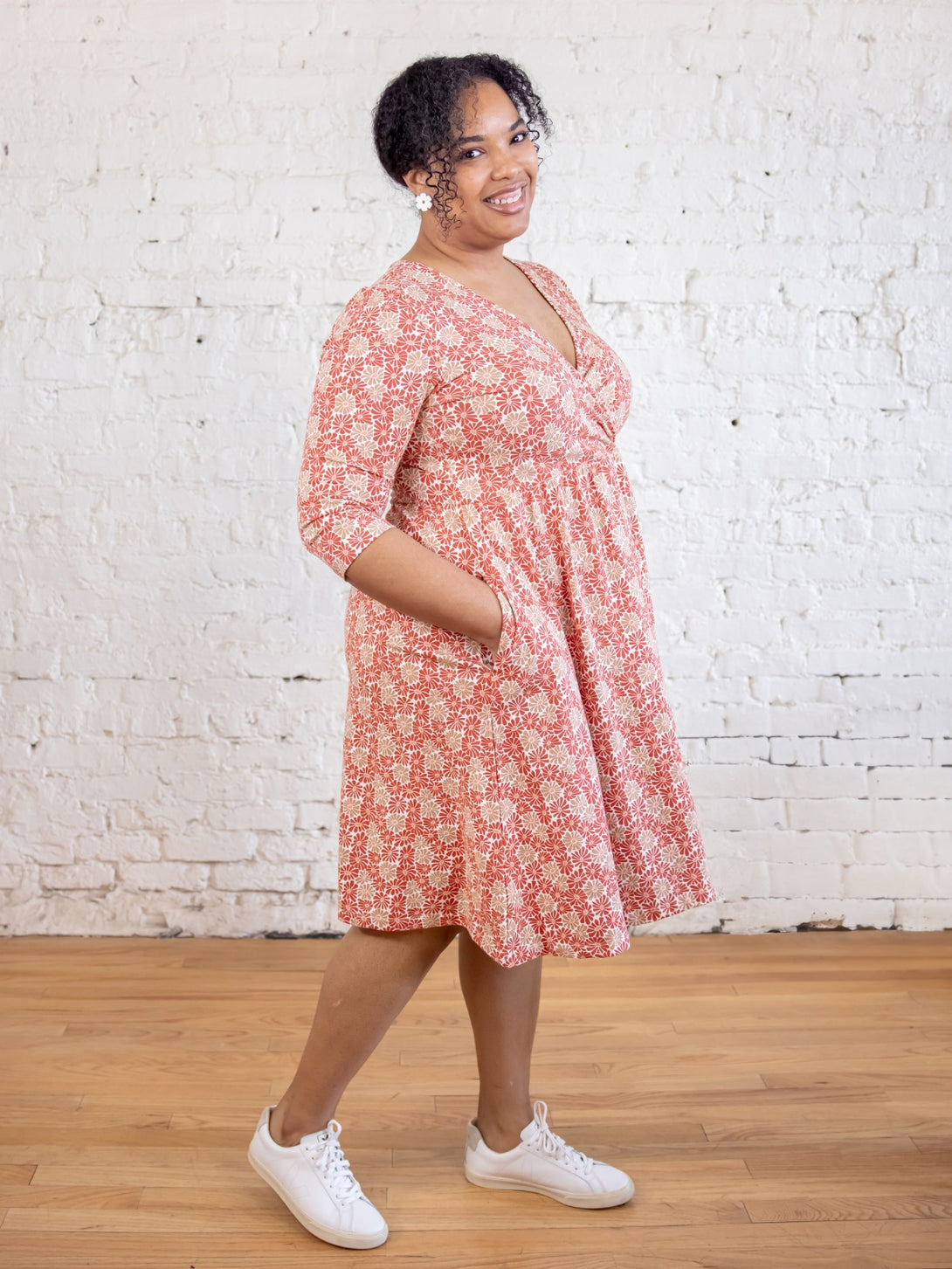 Callie 3/4 Sleeve Pink Plus Size Wrap Dress Floral - Fair Trade Dresses | Mata Traders Matisse Vermillion / 3X Callie 3/4 Sleeve Pink Plus Size Wrap Dress Floral - Fair Trade Dresses | Mata Traders Matisse Vermillion / 3X