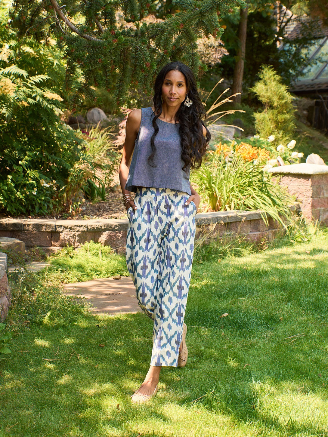 Summer pants women blue white ikat elastic waist mata traders