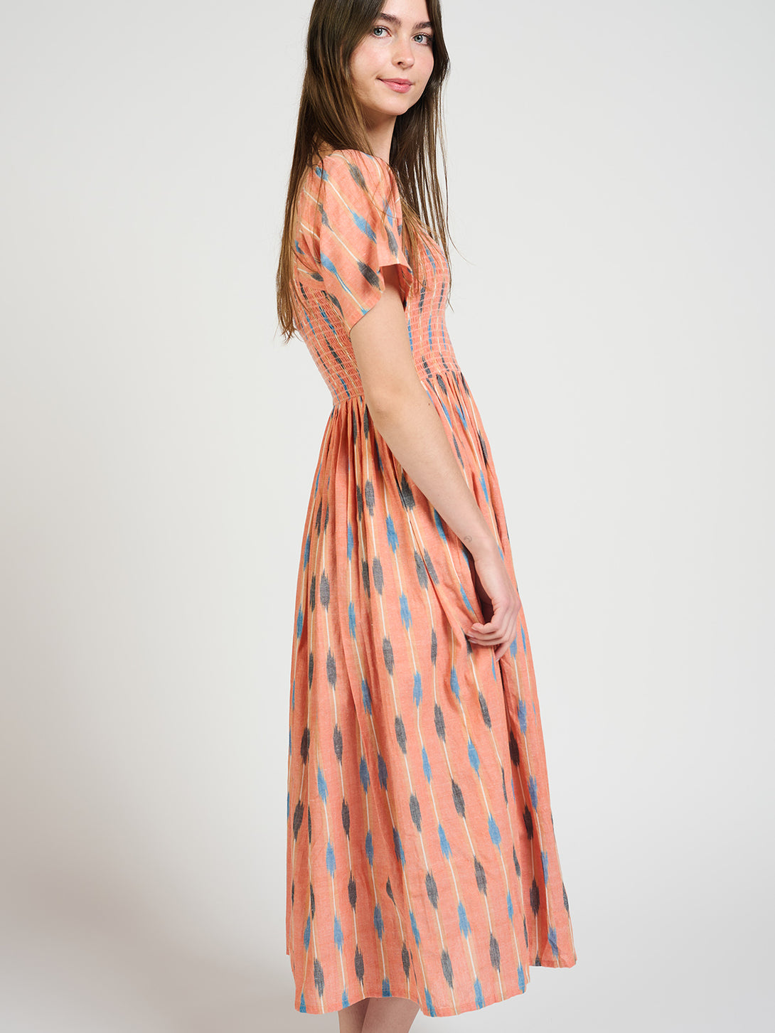 Teddy Dress Side View - Peach Ikat Print - Mata Traders
