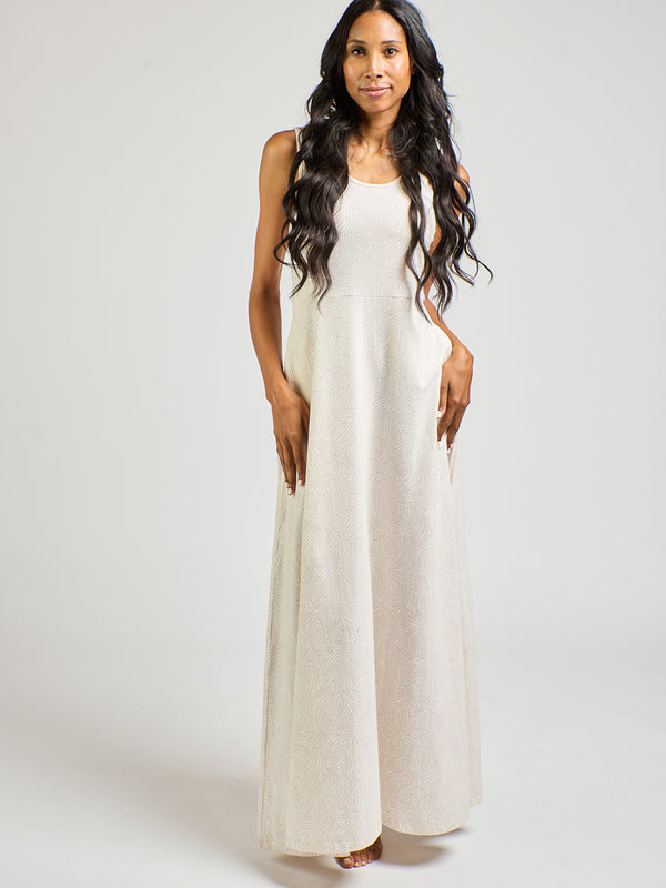 Vero Long White Jersey Maxi Dress - Tree Rings Shell Print - Mata Traders