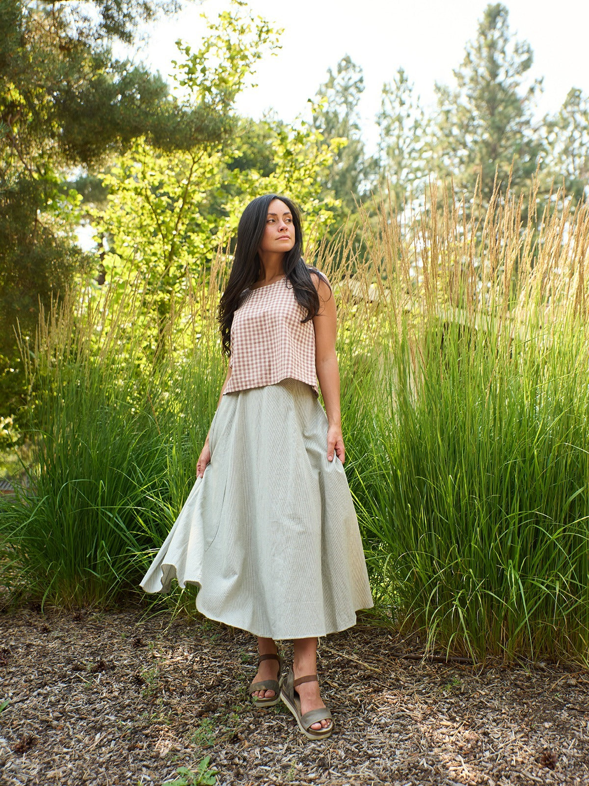 スカート Cotton and linen skirt with diagonal motif Lucinda Skirt Olive Stripe - Fair Trade Clothing | Mata Traders