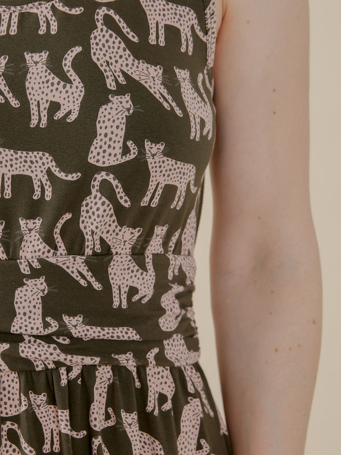 Asheville Dress Organic Cotton Jersey  - Leopard Green Print Close-Up - Mata Traders