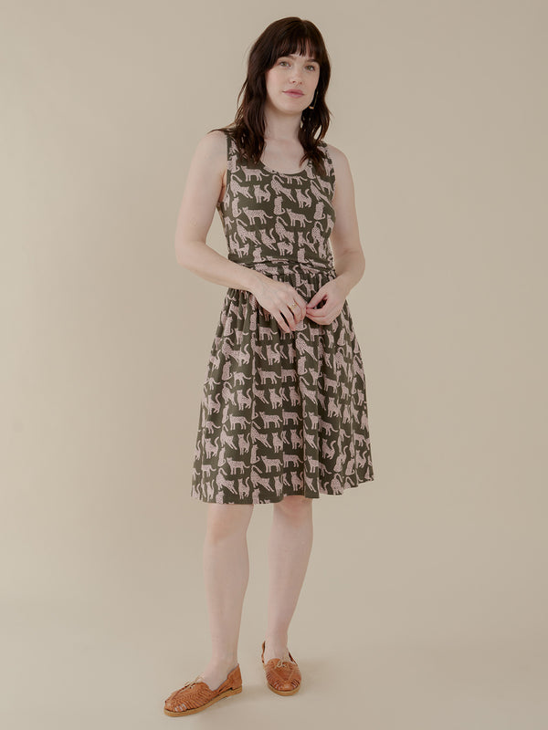 Asheville Fit and Flair Organic Jersey Summer Dress - Leopard Green Print- Mata Traders