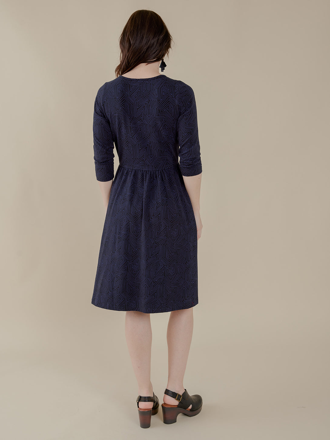 Back view 3/4 sleeve navy blue wrap dress, knee length  in organic cotton - Mata Traders
