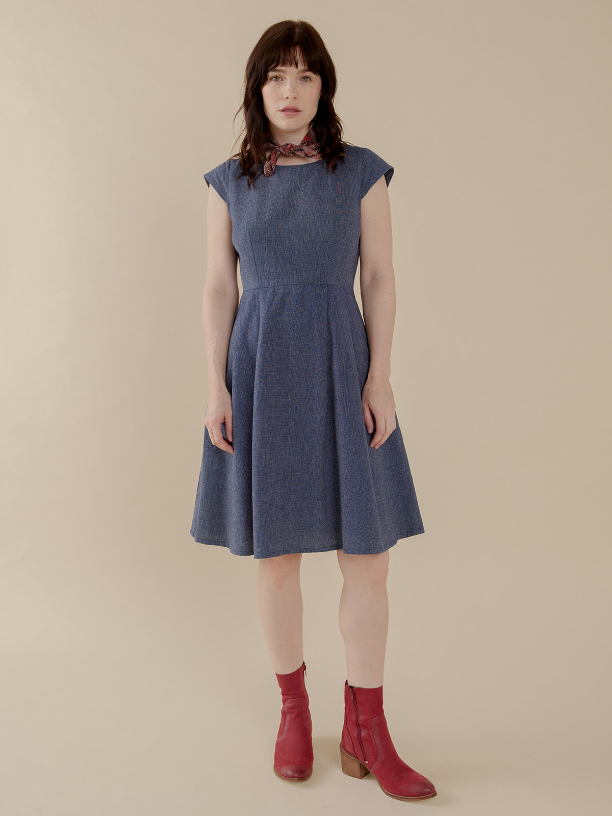 Devonshire Blue Chambray Fit Flare Dress - Fair Trade | Mata Traders