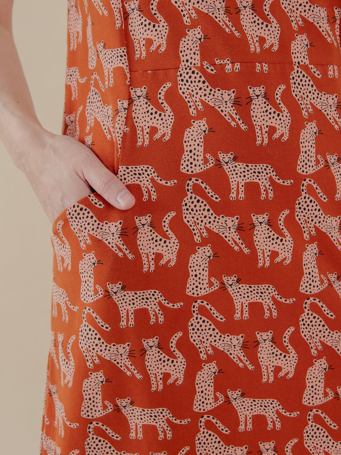 Evanston Jersey Organic Cotton Dress with Pockets - Red Orange Leopard  Print - Mata Traders