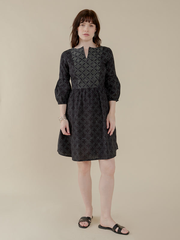Fiona Black Puff Sleeve Dress - Ikigai Black Pattern _ Mata Traders