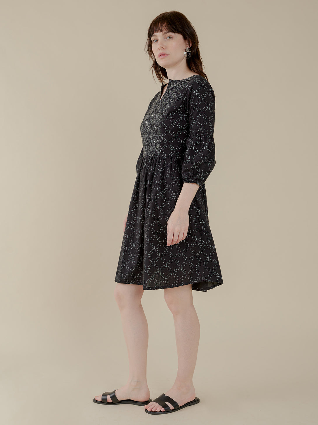 Fiona Knee Length, Midi Sleeve  Dress  - Ikigai Black Pattern Dress - Mata Traders