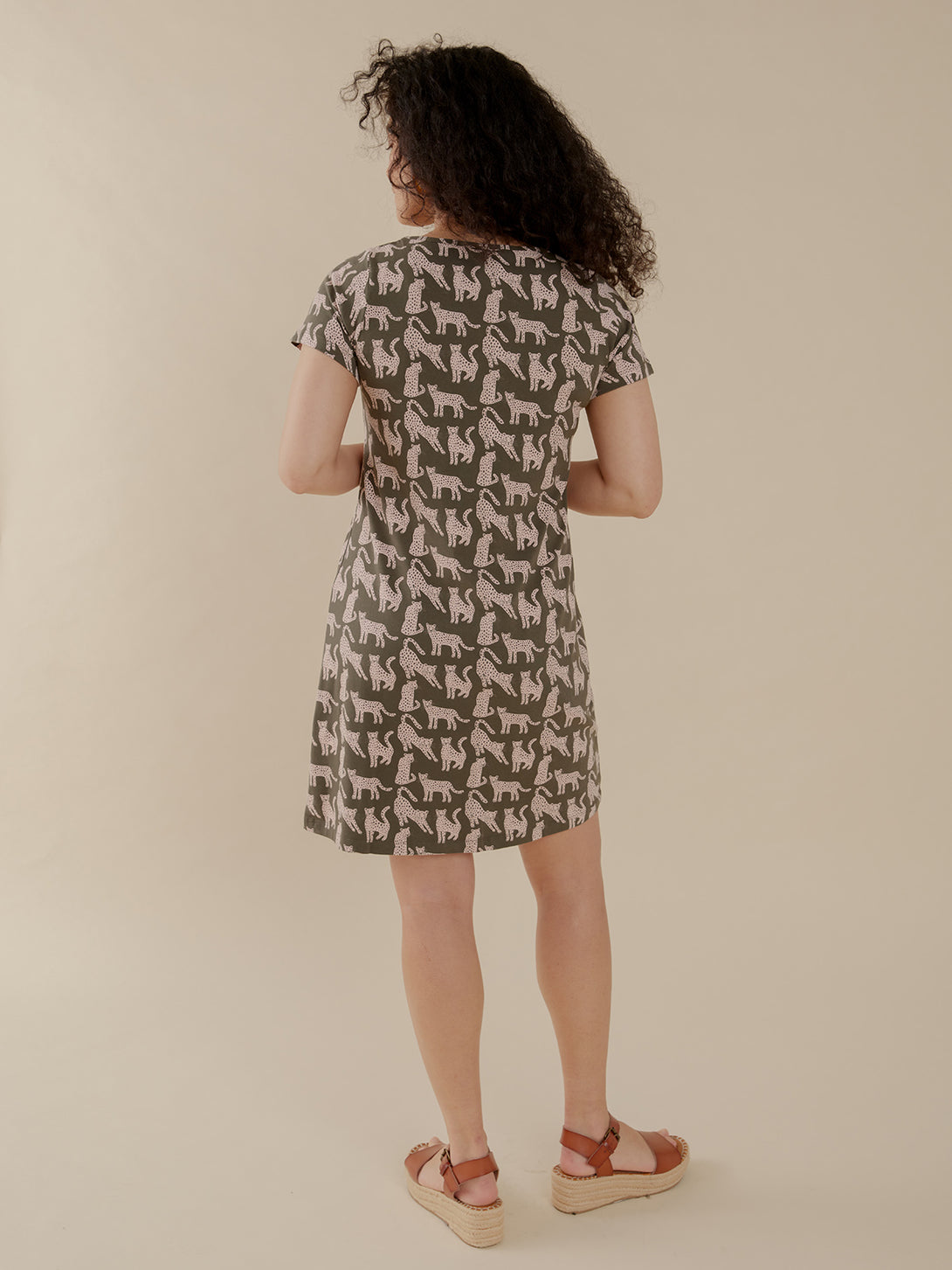 Hudson Shirt Dress Back View  - Leopard Green Print  with Short Sleeves -Mata Traders
