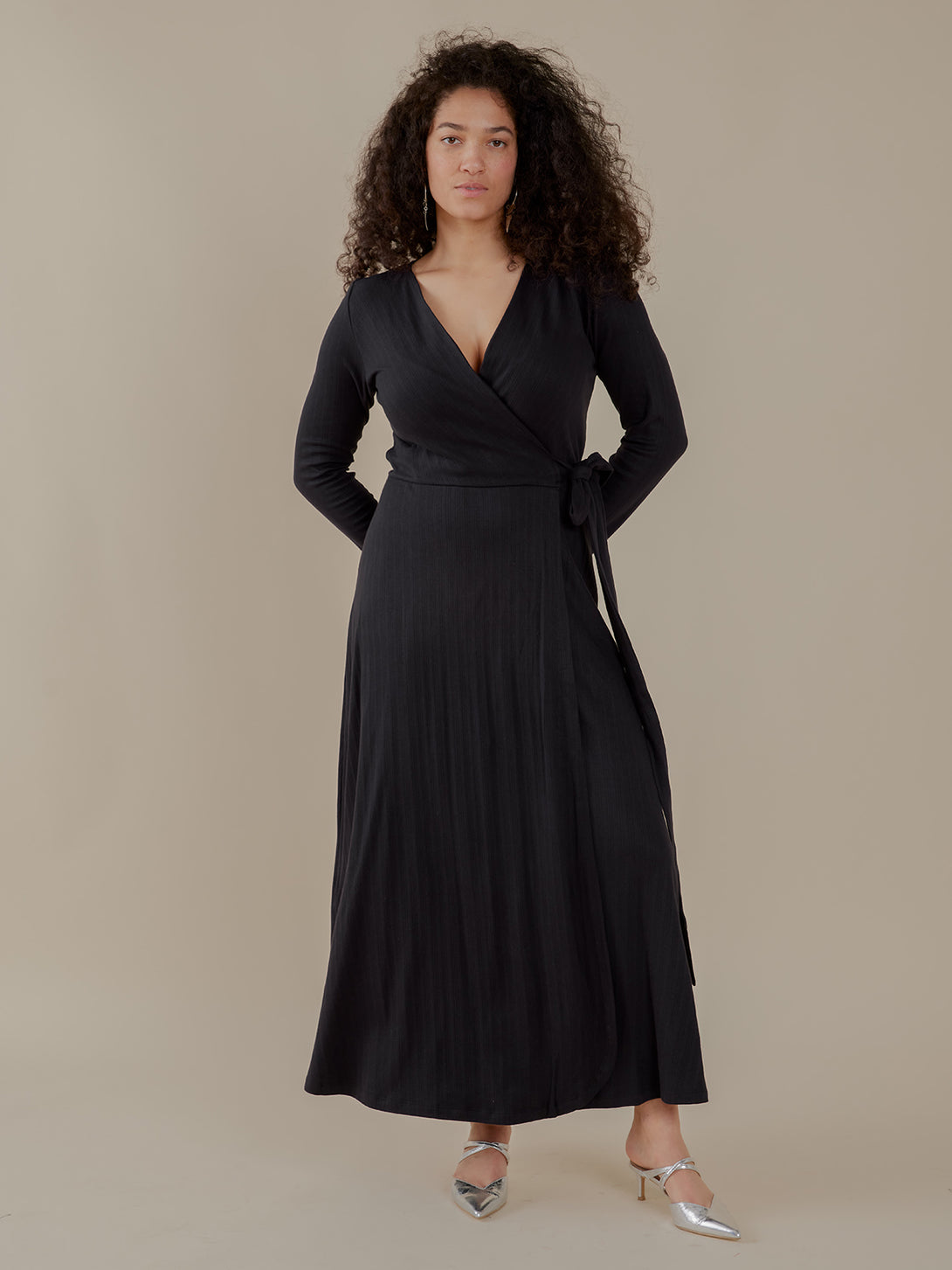 Katie Maxi Wrap Dress Black Rib Knit - Fair Trade Dresses