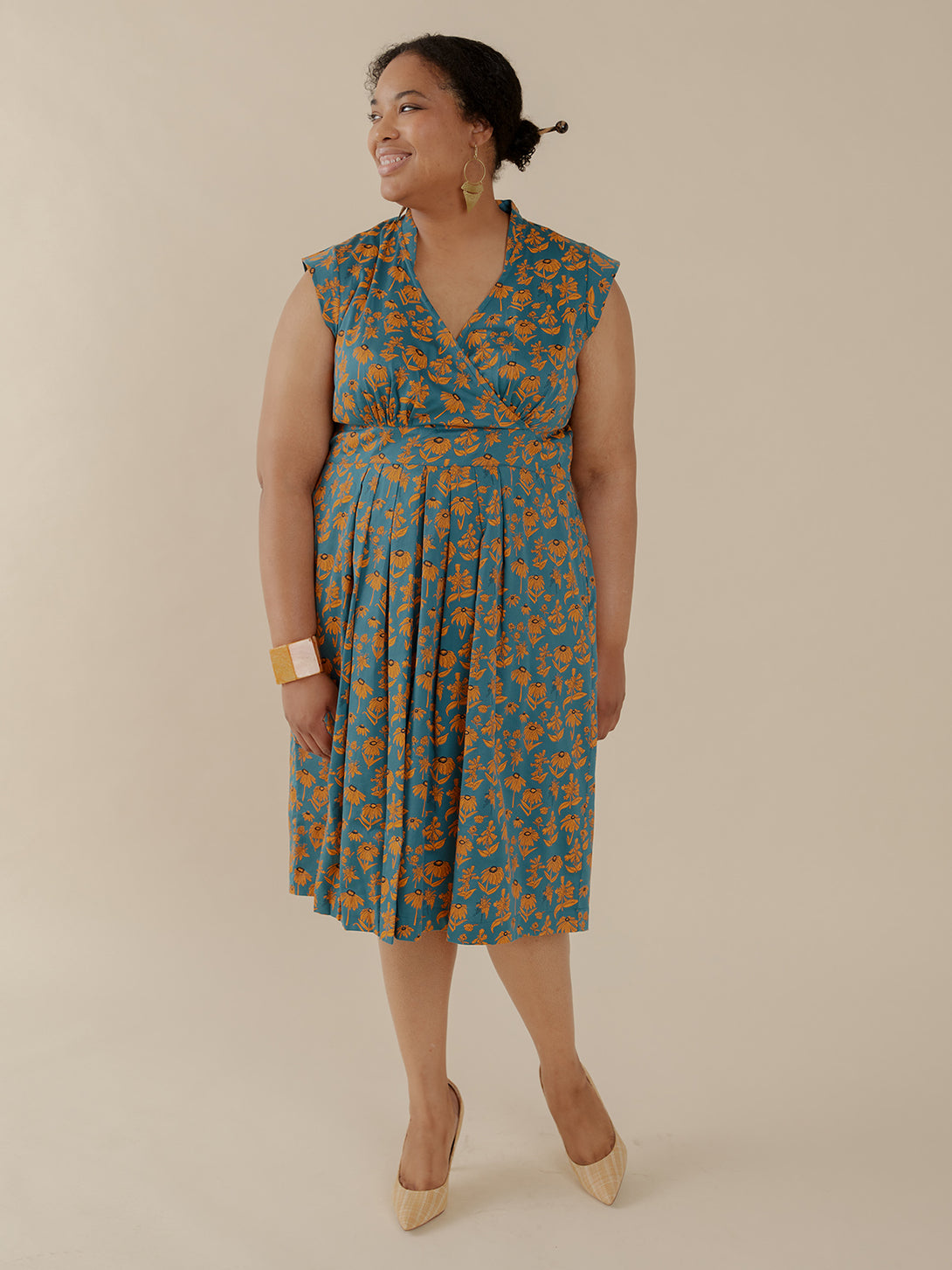 Lucille Plus Size Teal Dress - Teal Orange Floral Print - Mata Traders