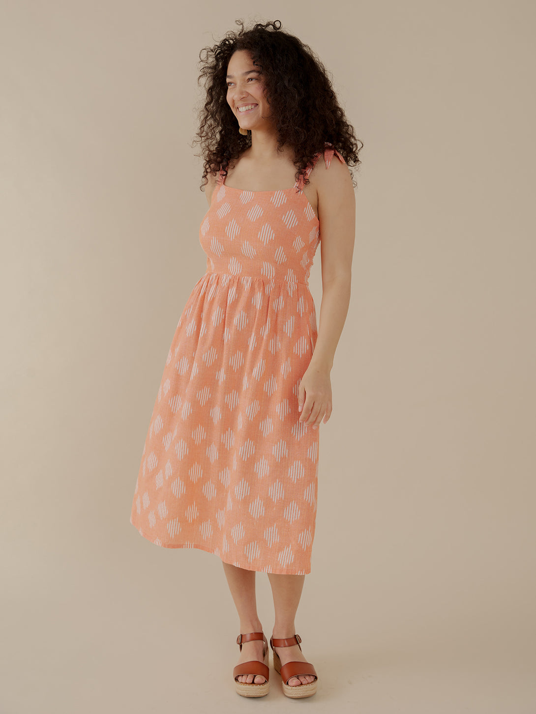 Provence Midi Dress Peach Ikat - Fair Trade Dresses | Mata Traders Peach Ikat / Xs Provence Midi Dress Peach Ikat - Fair Trade Dresses | Mata Traders Peach Ikat / Xs