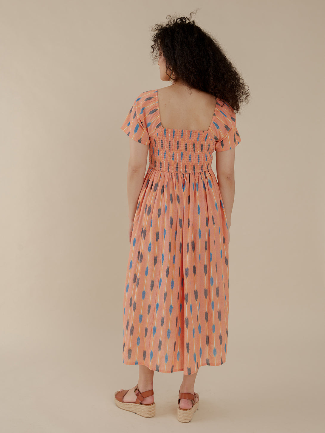 Teddy Cotton Dress Back View  - Peach Ikat Print - Mata Traders