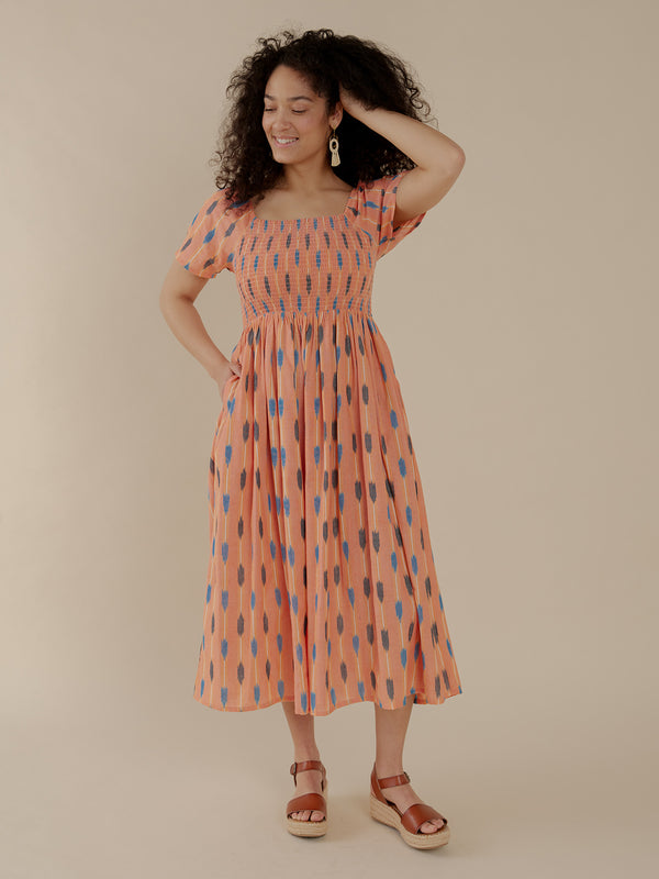 Teddy Dress - Peach Ikat with pattern - Mata Traders