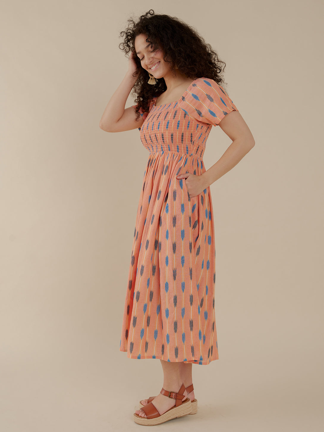 Teddy Summer Cotton Dress with Pockets  - Peach Ikat Pattern - Mata Traders