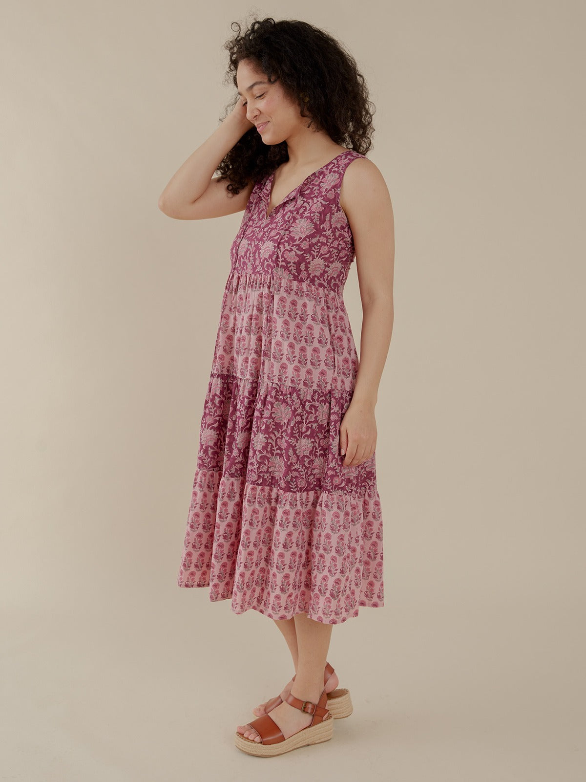 Thais Tiered Sleeveless Dress Magenta Vine Floral - Fair