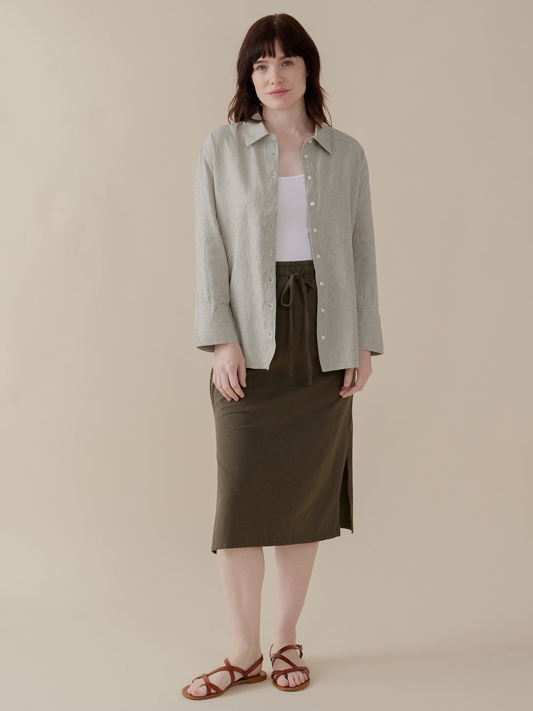 Isla Neutral Skirt Styled on Model  - Olive Color - Mata Trader