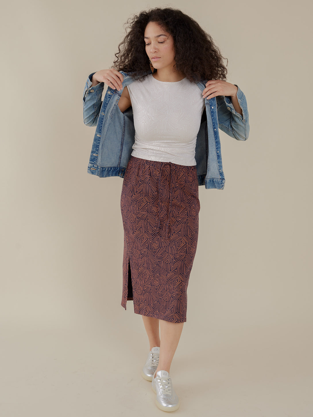 Isla Summer Cotton Stretch Skirt - Tree Rings Blue and Brown Print - Mata Traders