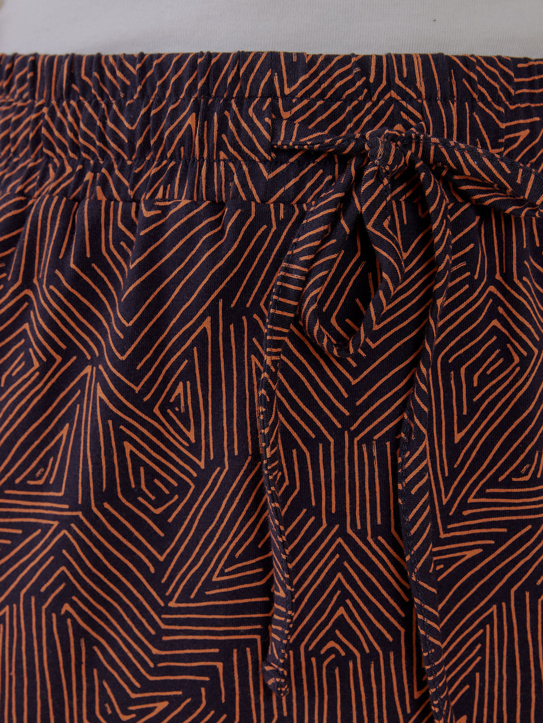 Isla Cotton Jersey Skirt - Tree Rings Blue and Brown Abstract print close-up  -Mata Traders
