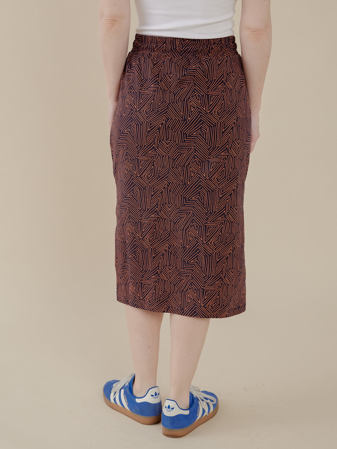 Isla Skirt  Back View - Tree Rings Blue and Brown Print  - Mata Traders