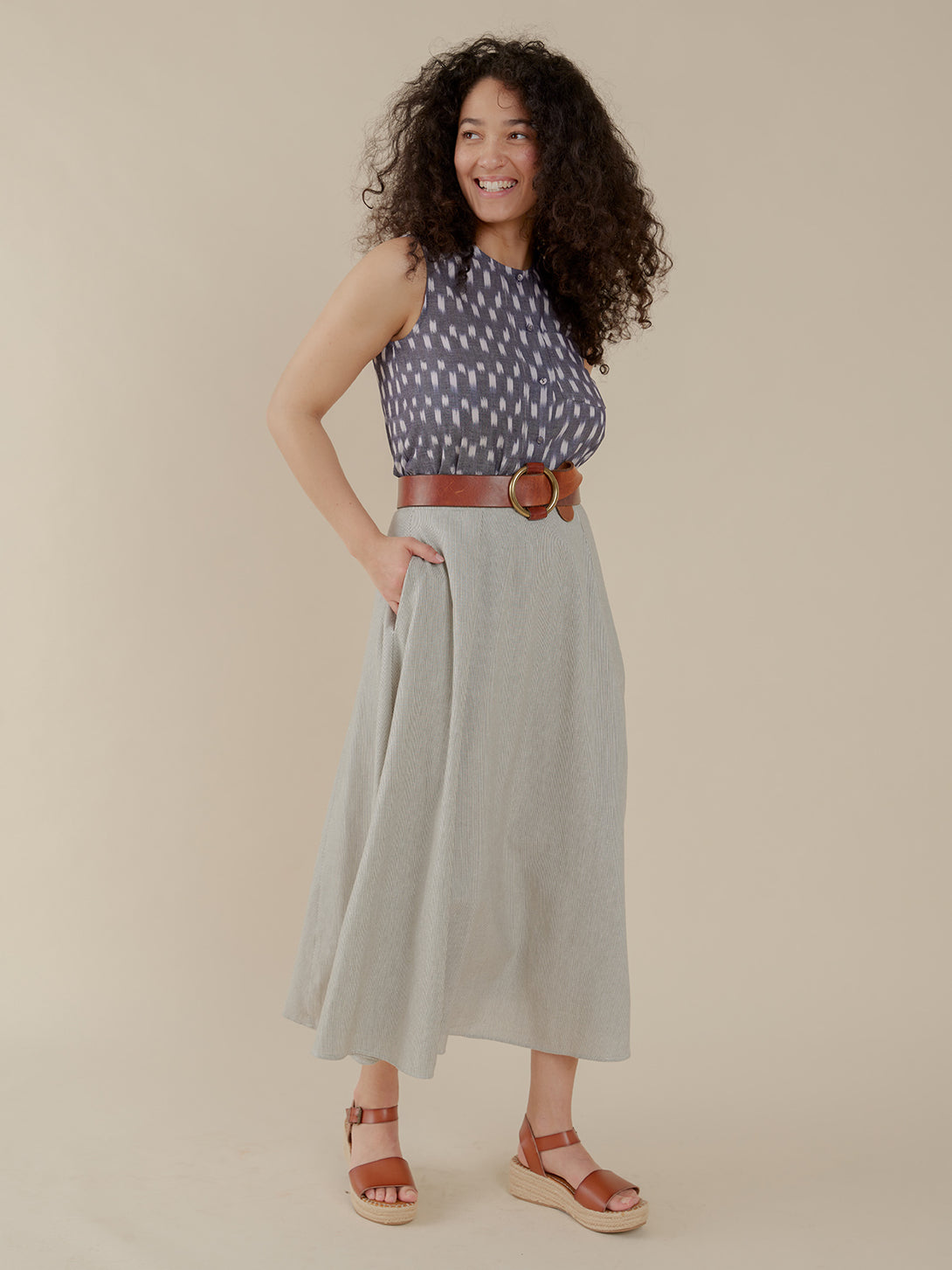 Eleni Sleeveless Tunic Top Button Front  - Blue Ikat Print - Mata Traders