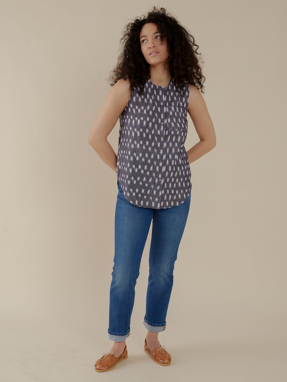 Eleni Sleeveless Summer Tunic Top - Blue Ikat Button Front Print  - Mata Traders
