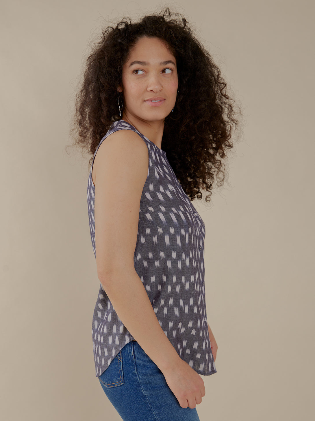 Eleni Sleeveless Tunic Top Side View - Blue Ikat Print - Mata Traders