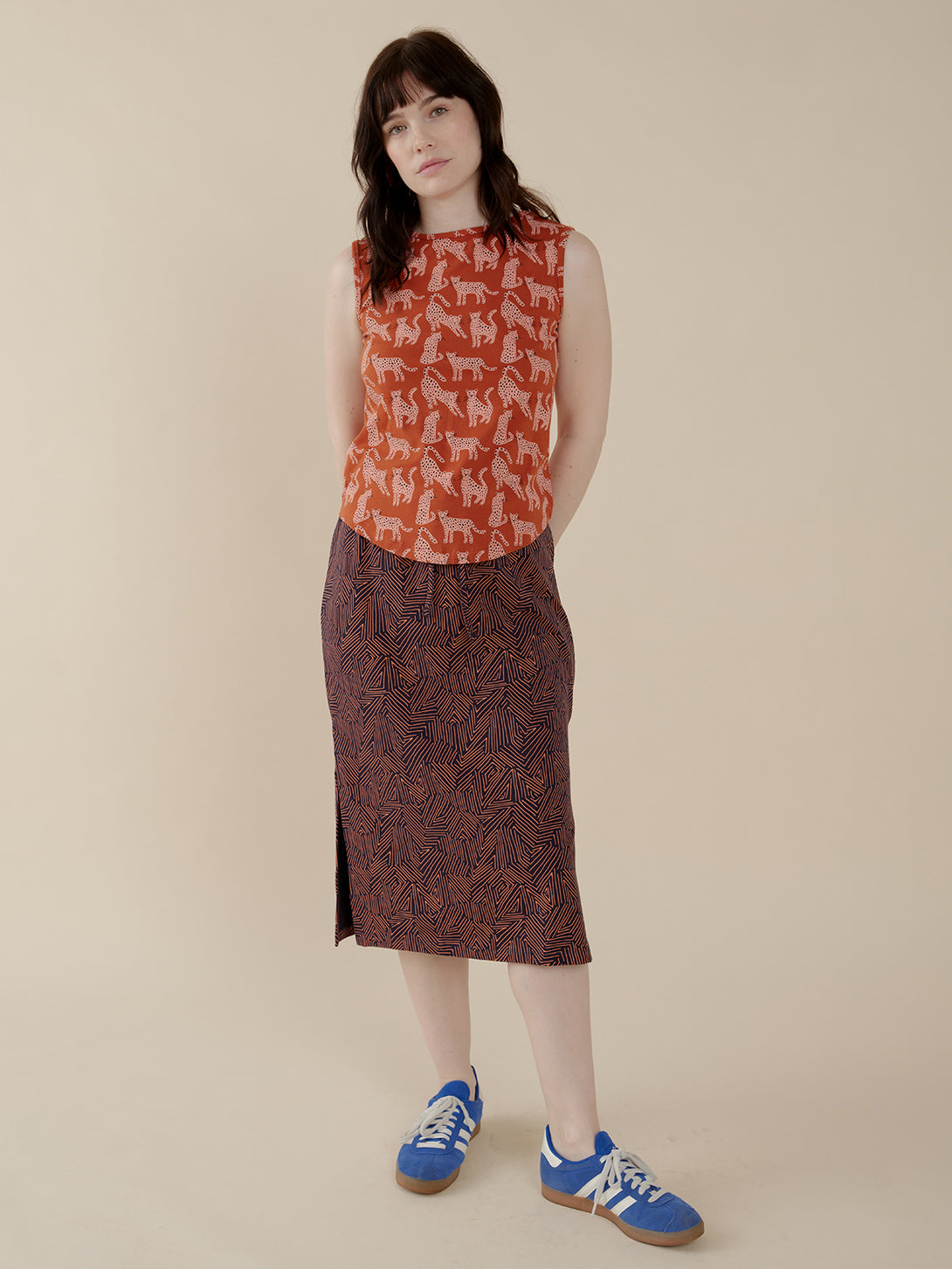 Millie Women's Muscle Tank on Model - Leopard Sienna Print - Mata Traders