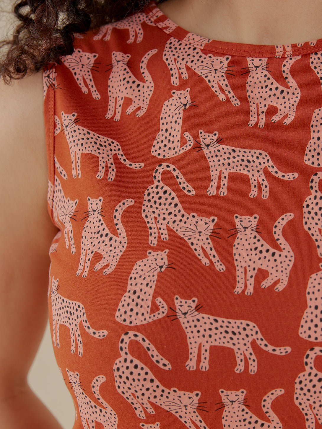 Millie Women's Muscle Tee  - Leopard Sienna close-up print detail - Mata Traders