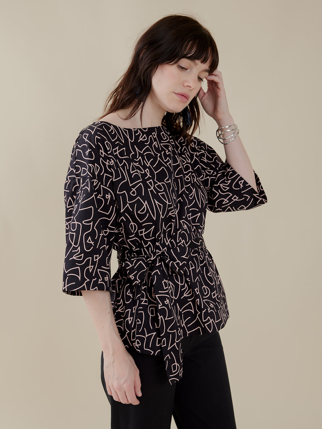 Ruth Black and White Lines Belted Top for Office - Mata Traders 