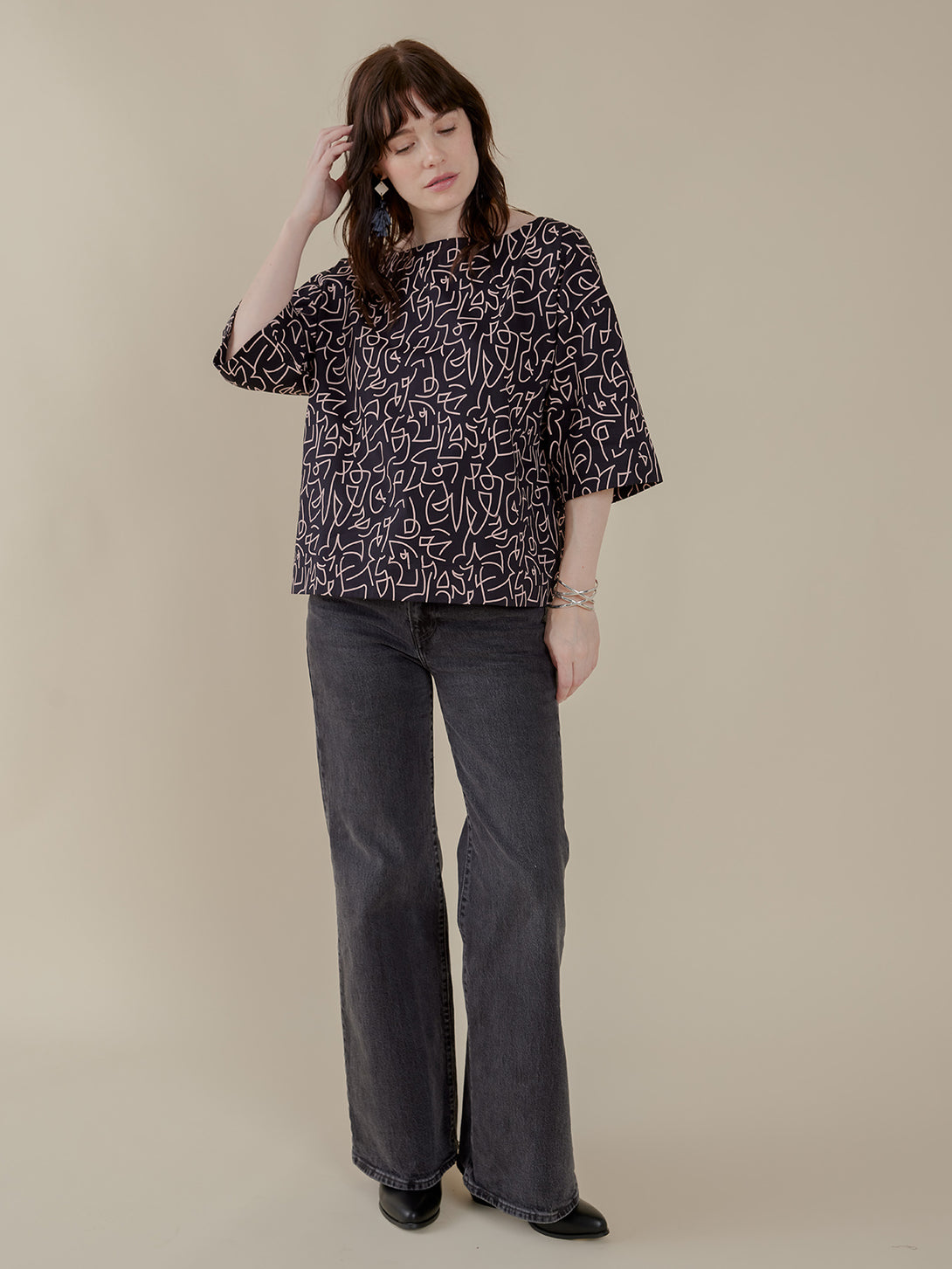 Ruth Boxy Women's Oversized Black Lines Top Mid Length Sleeve 100% Cotton - Mata Traders Ethical Fashion Label 