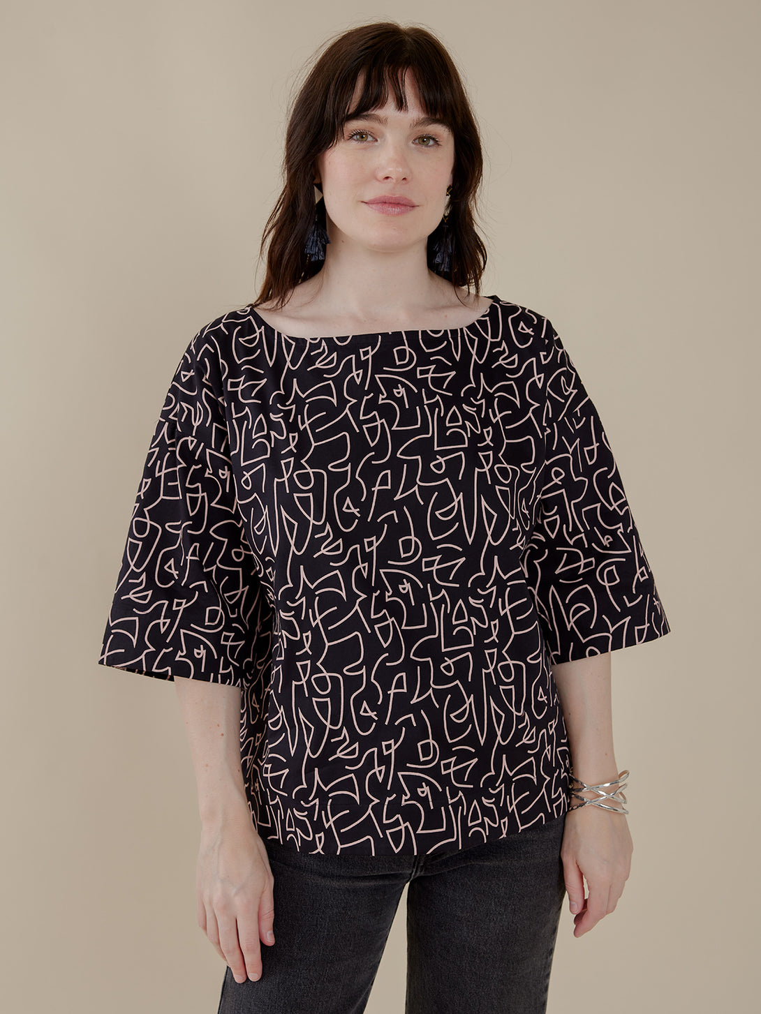 Ruth Round Neck Black and White Abstract Top - Mata Traders Ethical Fashion Brand 