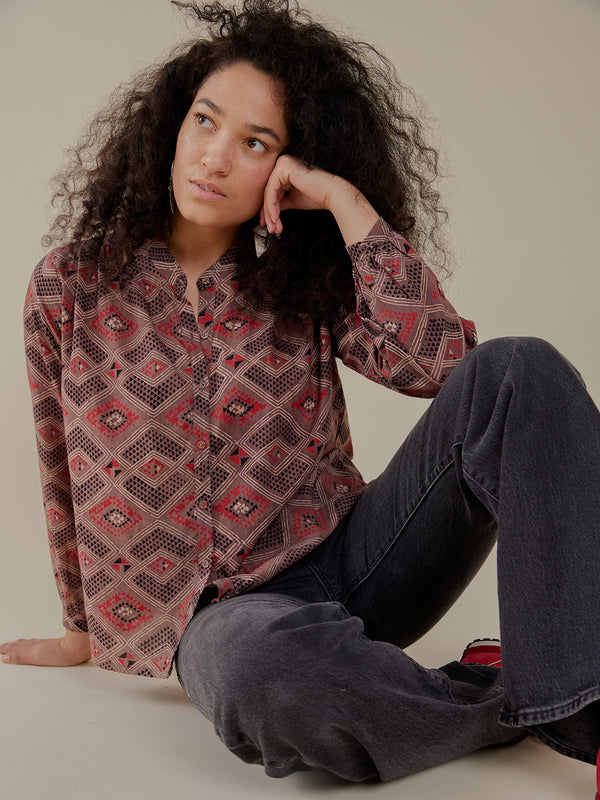 Stella Women's Pattern Top - Brown Diamonds Print -Mata Traders