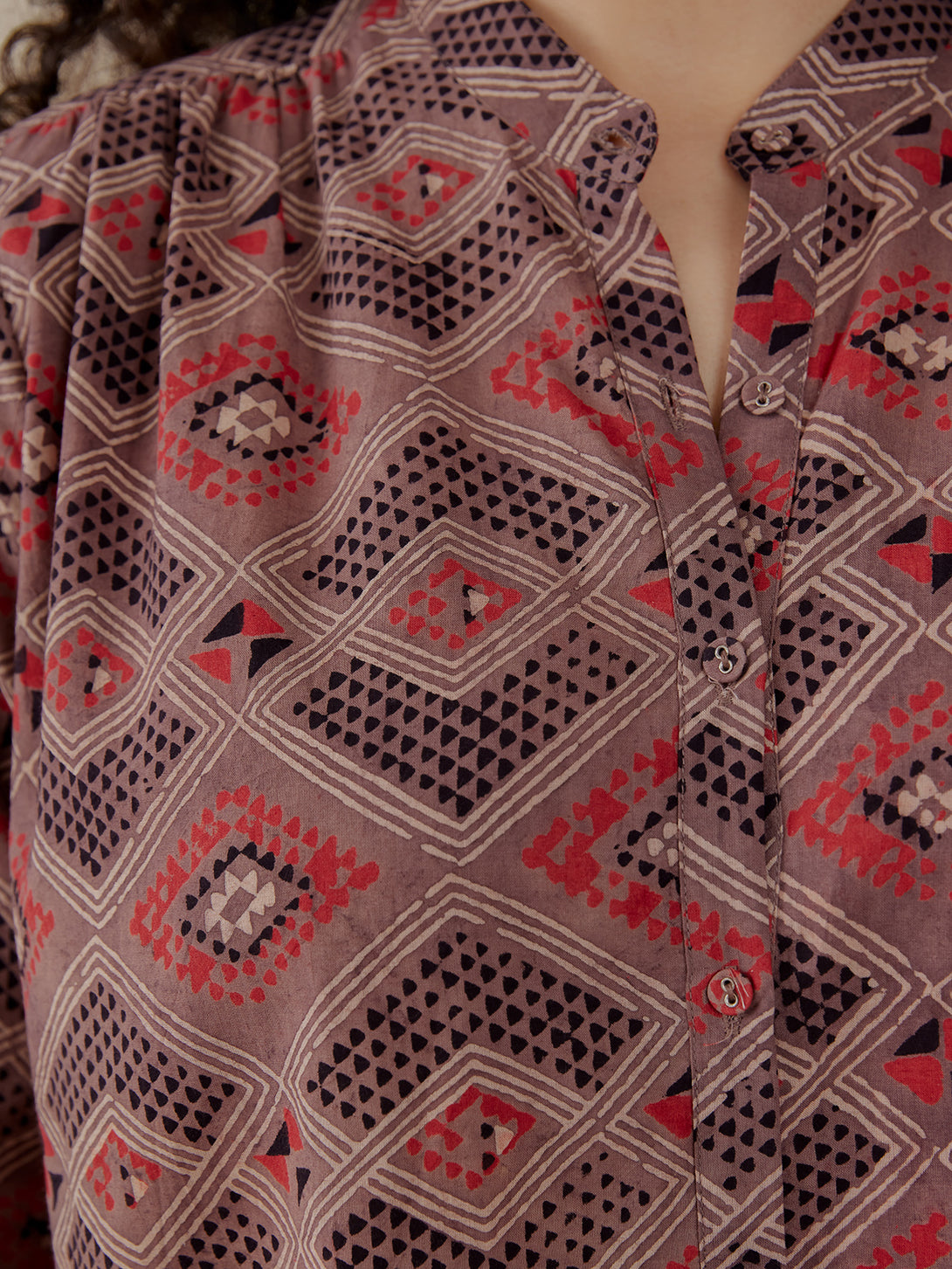 Stella Women's Long Sleeve Button Front Top  Brown Diamonds Print - Mata Traders