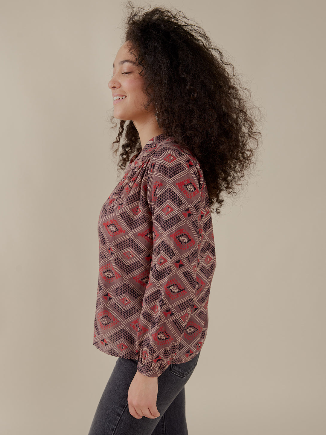 Stella Women's Long Sleeve Top - Brown Diamonds Print - Mata Traders