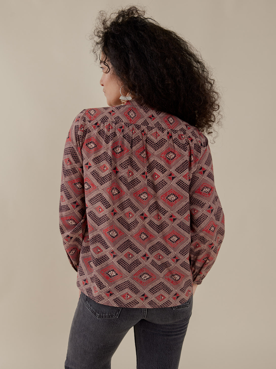 Stella Blouse Cotton Top - Brown Diamonds Print Back View -Mata Traders Ethical Fasion 