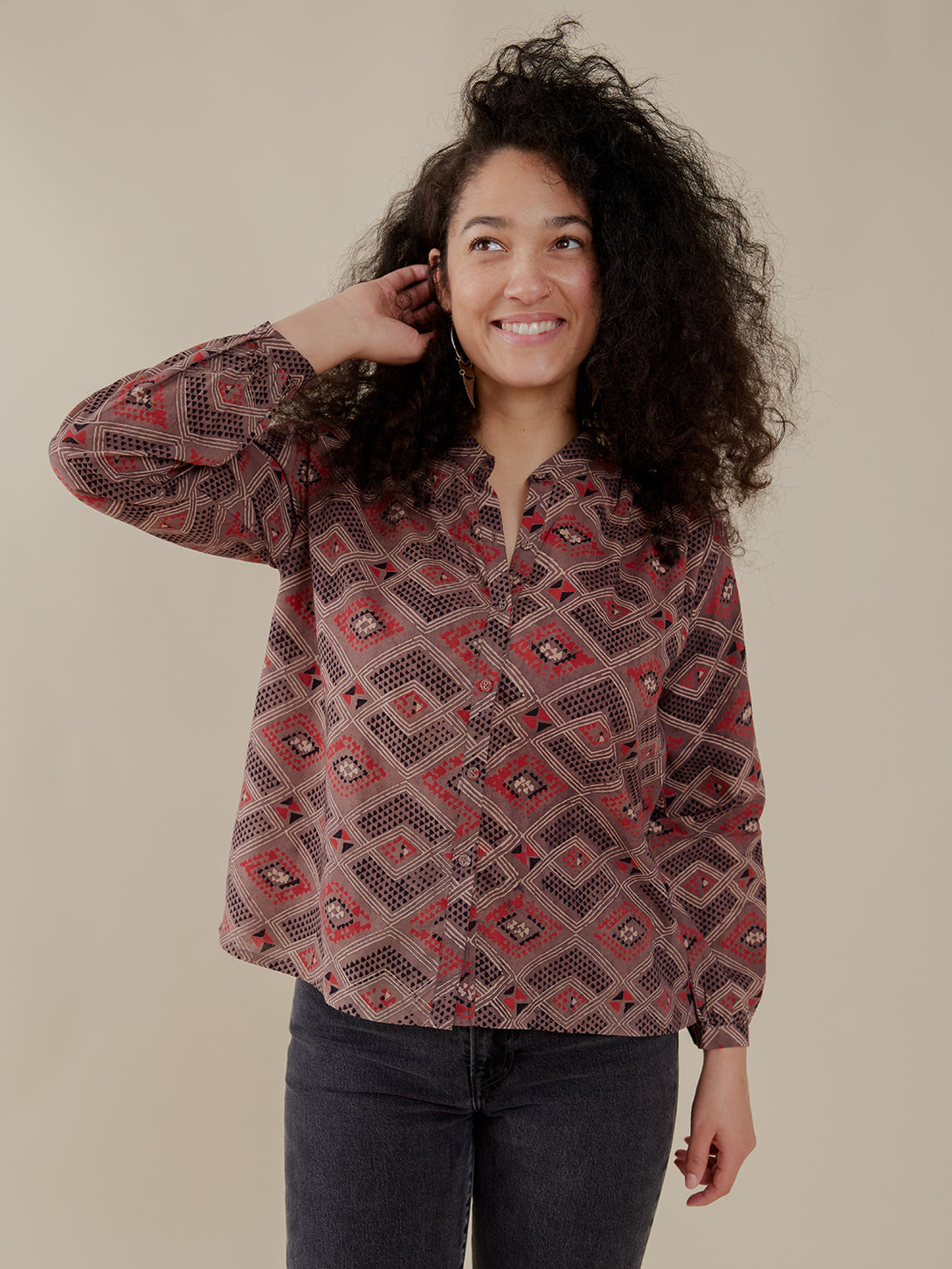 Stella Women's 100% Cotton Blouse Top - Brown Diamonds Fall Print -Mata Traders 