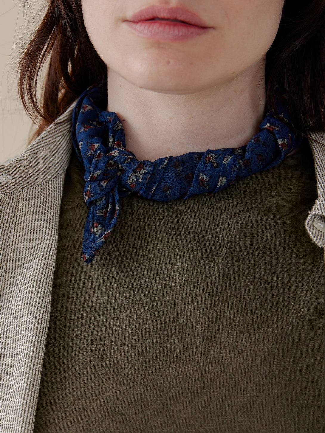 Blue Navy Handprinted Scarf on Model - Mata Traders Fair Trade