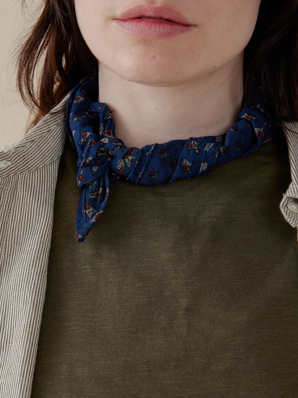 Blue Navy Handprinted Scarf on Model - Mata Traders Fair Trade