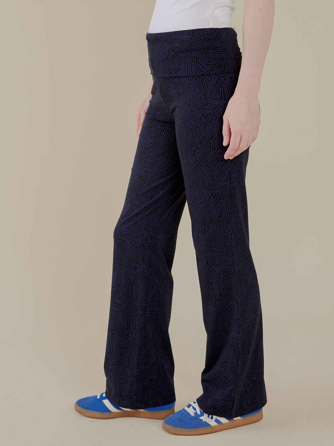 Navy blue patterned fold over pants side view worn by a model - Mata Traders 
