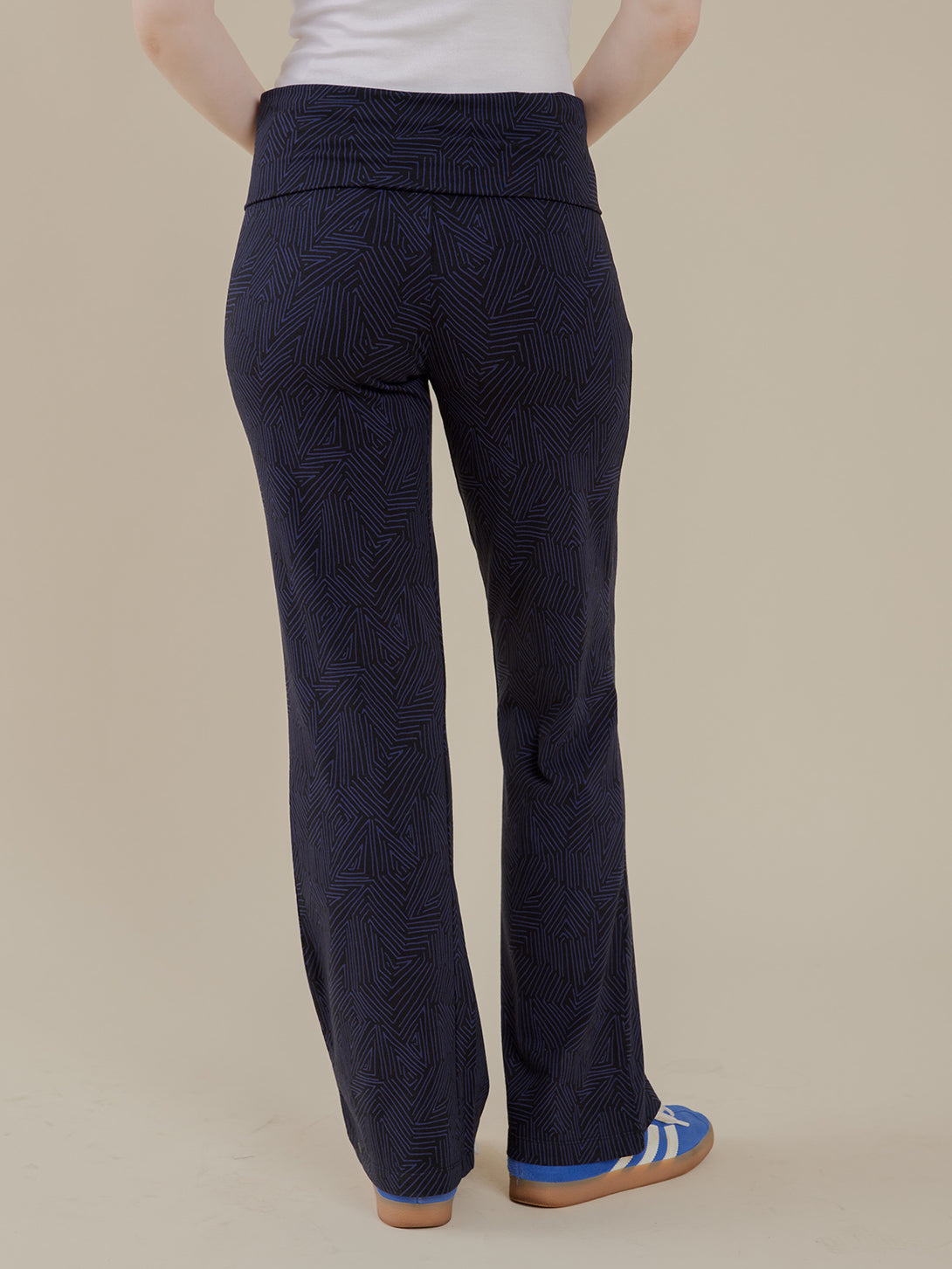 Navy fold over organic cotton women's casual pants back view detail - Mata Traders