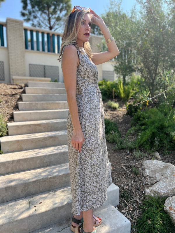 Artsy Traveler Sleeveless Midi Dress - Olive Flowers Print - Mata Traders