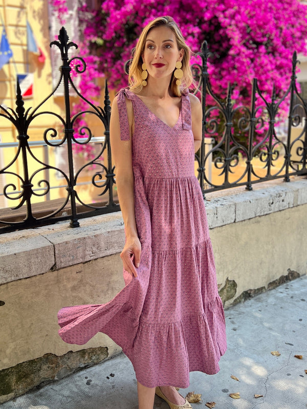 Lorelei Tiered Purple Dress - Purple Buds Pirnt - Mata Traders