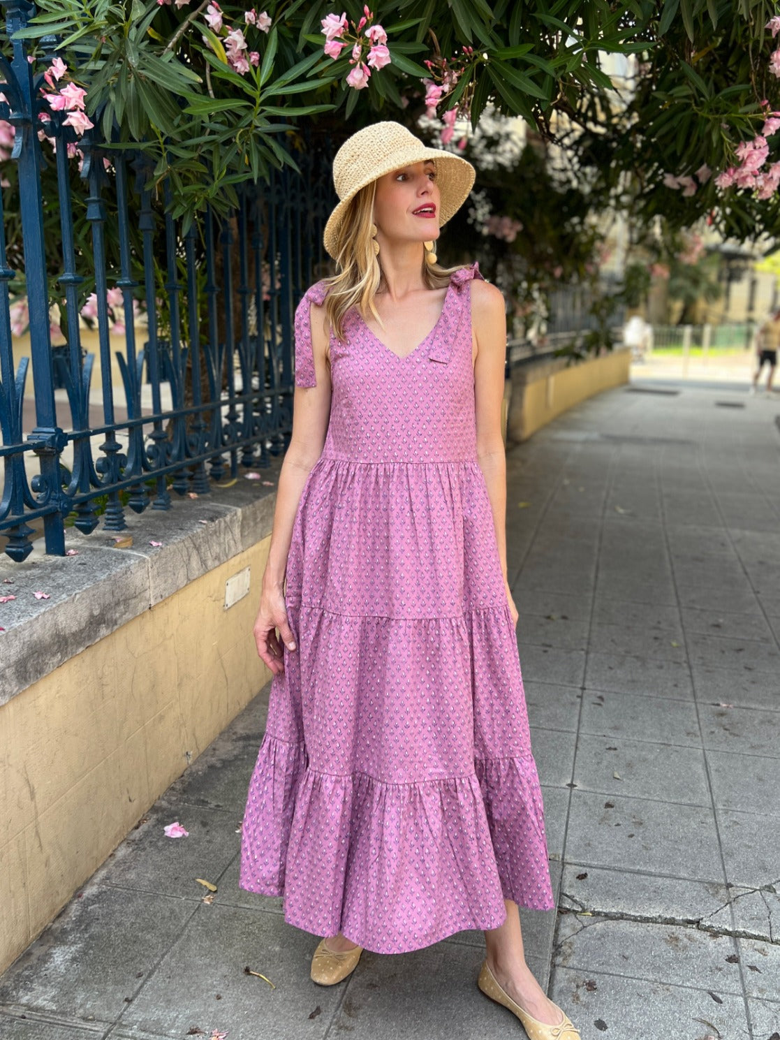 Lorelei Tiered Purple Cotton Summer Dress - Tiny Purple Buds Print  - Mata Traders
